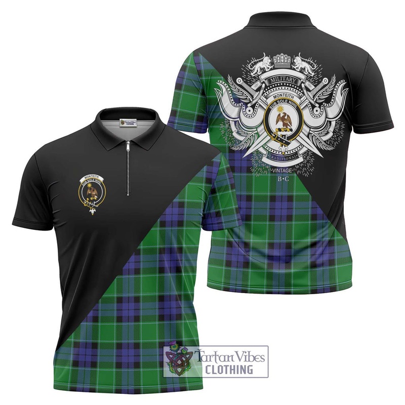Monteith Tartan Zipper Polo Shirt with Family Crest and Military Logo Style