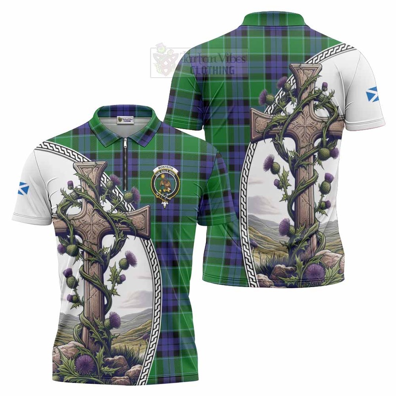 Monteith Tartan Zipper Polo Shirt with Family Crest and St. Andrew's Cross Accented by Thistle Vines