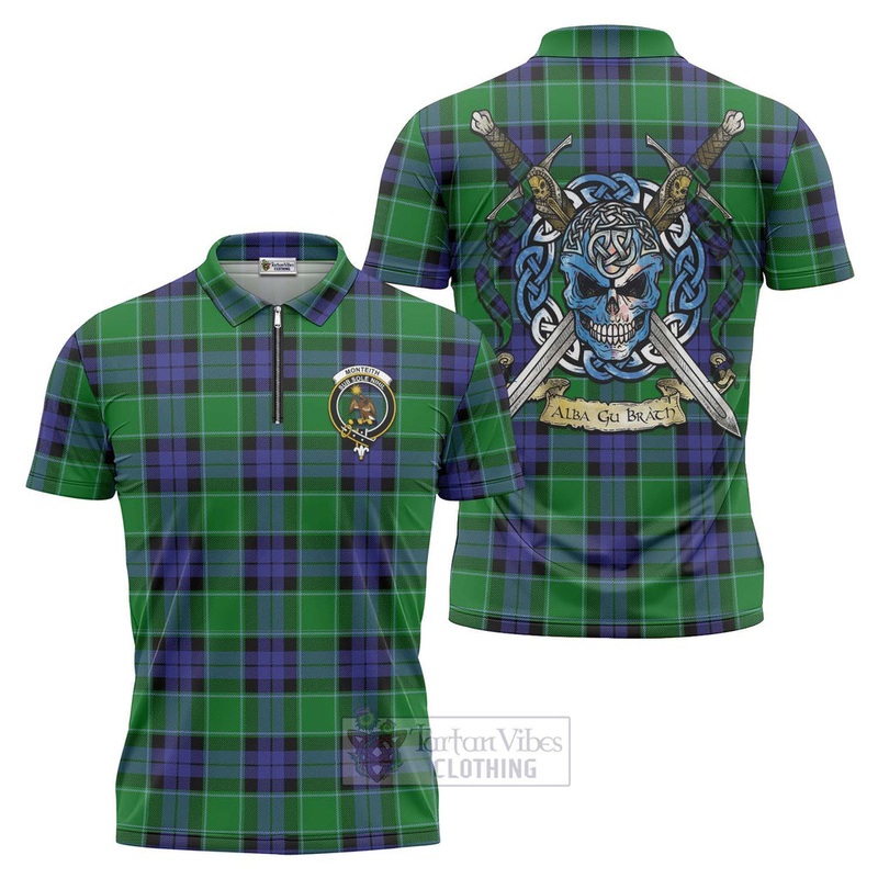 Monteith Tartan Zipper Polo Shirt with Family Crest Celtic Skull Style