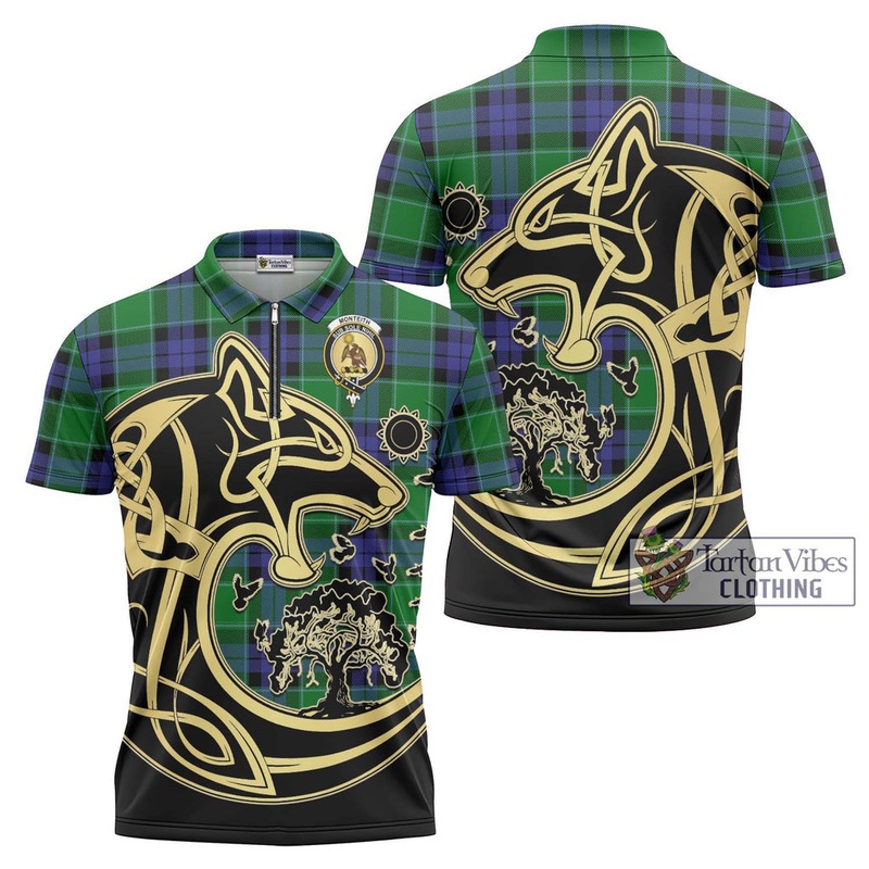 Monteith Tartan Zipper Polo Shirt with Family Crest Celtic Wolf Style