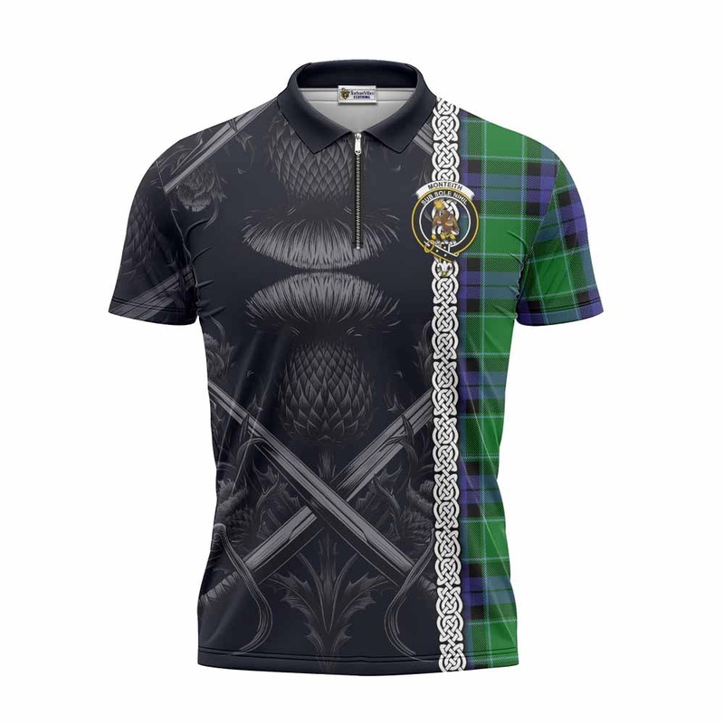 Monteith Tartan Zipper Polo Shirt with Family Crest Cross Sword Thistle Celtic Vibes