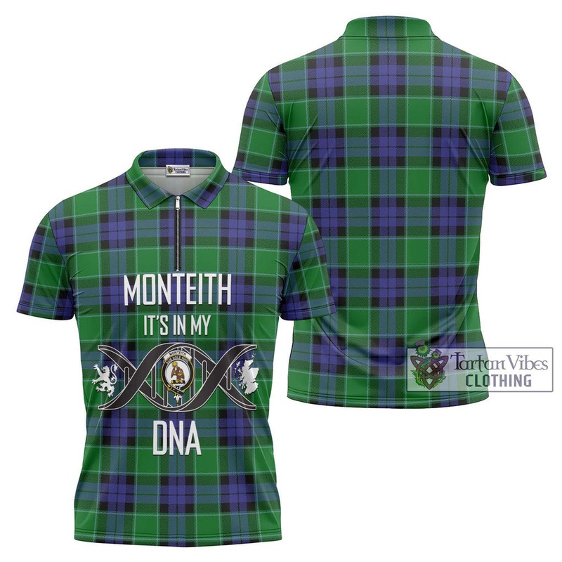 Monteith Tartan Zipper Polo Shirt with Family Crest DNA In Me Style