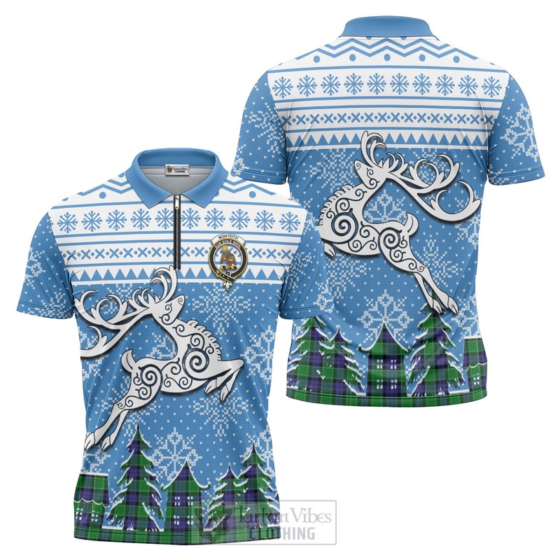 Monteith Clan Christmas Zipper Polo Shirt Celtic Reindeer Style