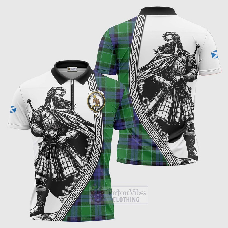 Monteith Tartan Clan Crest Zipper Polo Shirt with Highlander Warrior Celtic Style
