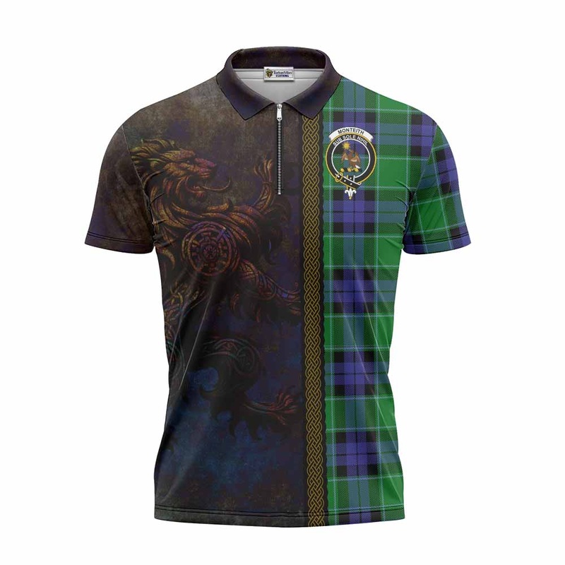 Monteith Tartan Family Crest Zipper Polo Shirt Alba Gu Brath Be Brave Lion Ancient Style