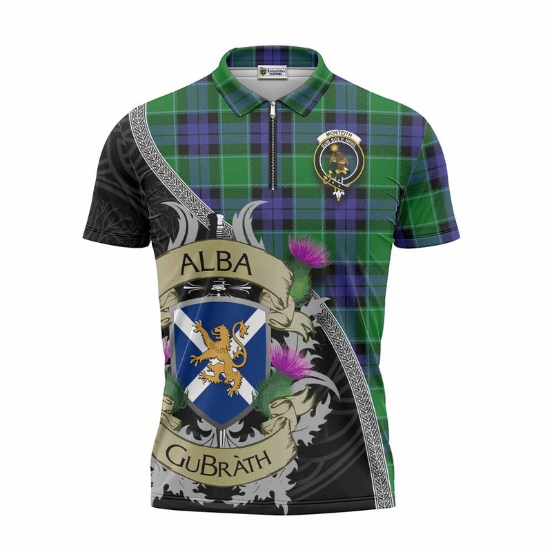 Monteith Tartan Family Crest Zipper Polo Shirt Lion Rampant Royal Thistle Shield Celtic Inspired