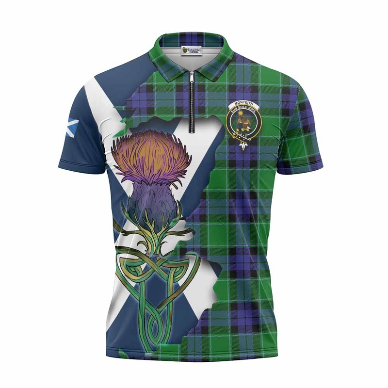 Monteith Tartan Family Crest Zipper Polo Shirt Scottish Thistle Celtic Inspired
