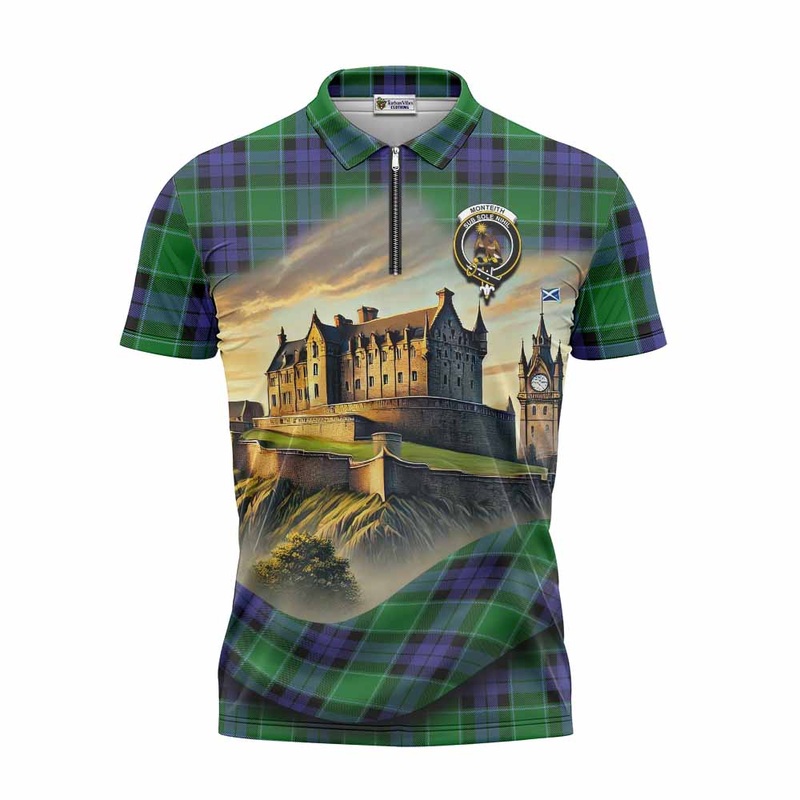 Monteith Tartan Family Crest Zipper Polo Shirt with Scottish Ancient Castle Style