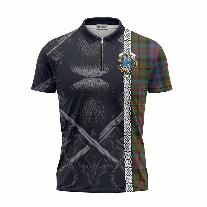Bowie Tartan Zipper Polo Shirt with Family Crest Cross Sword Thistle Celtic Vibes