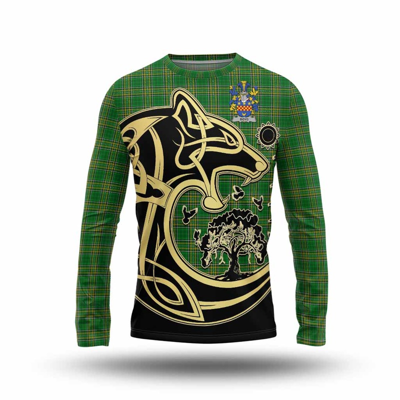 Boyd of Danson Irish Tartan Long Sleeve T-Shirt with Coat of Arms Celtic Wolf Style