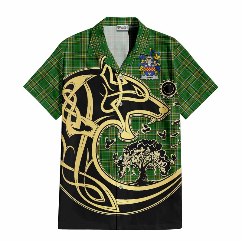 Boyd of Danson Irish Tartan Short Sleeve Button Shirt with Coat of Arms Celtic Wolf Style