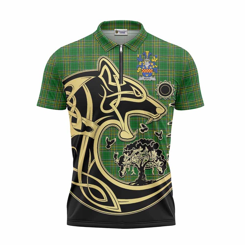 Boyd of Danson Irish Tartan Zipper Polo Shirt with Coat of Arms Celtic Wolf Style