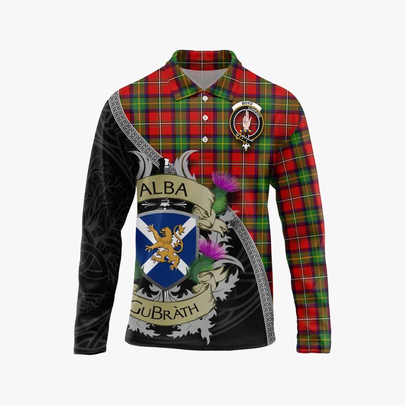 Boyd Tartan Family Crest Long Sleeve Polo Shirt Lion Rampant Royal Thistle Shield Celtic Inspired
