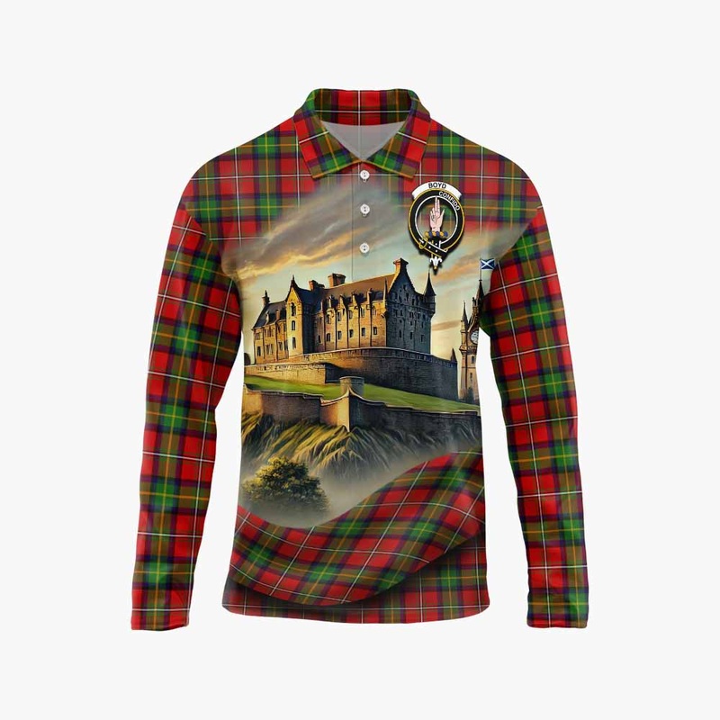 Boyd Tartan Family Crest Long Sleeve Polo Shirt with Scottish Ancient Castle Style