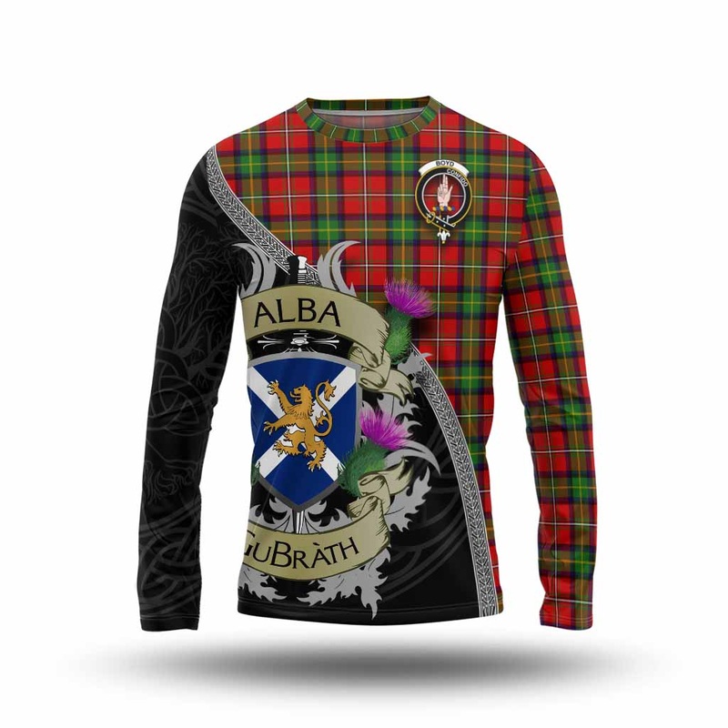 Boyd Tartan Family Crest Long Sleeve T-Shirt Lion Rampant Royal Thistle Shield Celtic Inspired