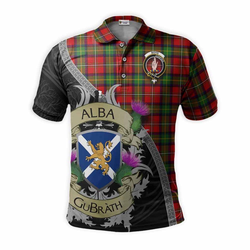 Boyd Tartan Family Crest Polo Shirt Lion Rampant Royal Thistle Shield Celtic Inspired