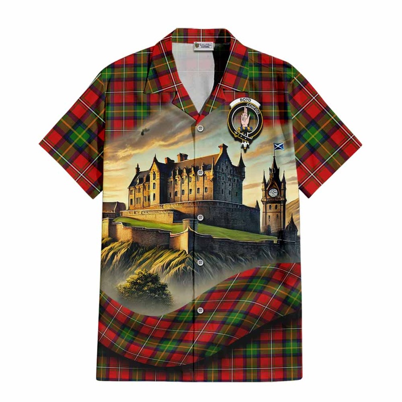 Boyd Tartan Family Crest Short Sleeve Button Shirt with Scottish Ancient Castle Style