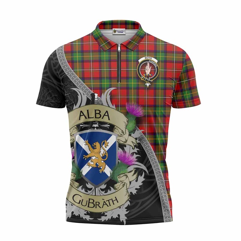 Boyd Tartan Family Crest Zipper Polo Shirt Lion Rampant Royal Thistle Shield Celtic Inspired