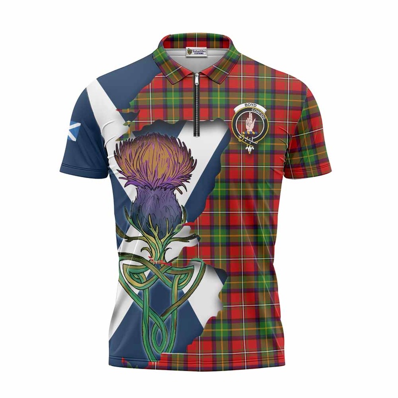 Boyd Tartan Family Crest Zipper Polo Shirt Scottish Thistle Celtic Inspired