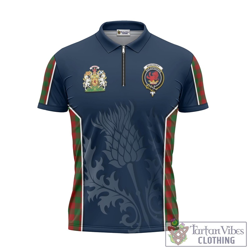 Moncrieff (Moncreiffe) Tartan Zipper Polo Shirt with Family Crest and Scottish Thistle Vibes Sport Style