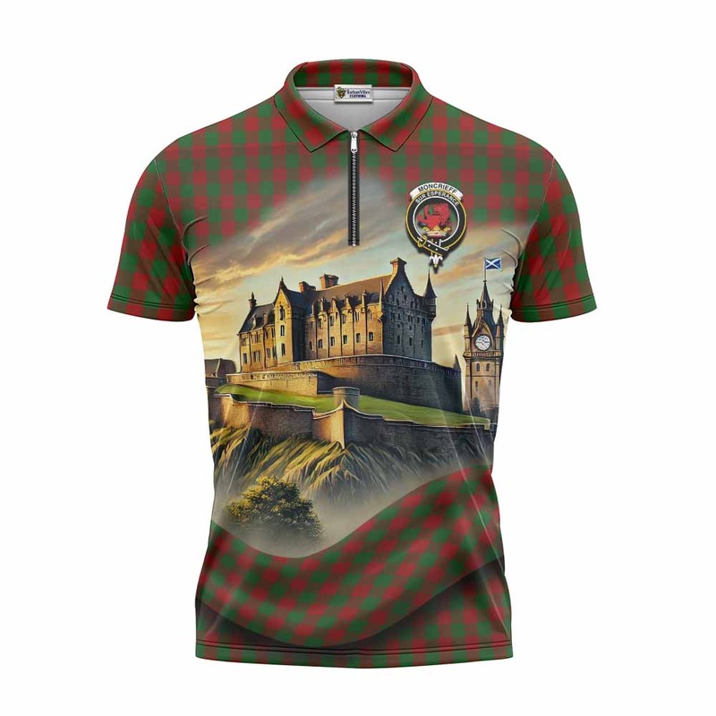 Moncrieff (Moncreiffe) Tartan Family Crest Zipper Polo Shirt with Scottish Ancient Castle Style