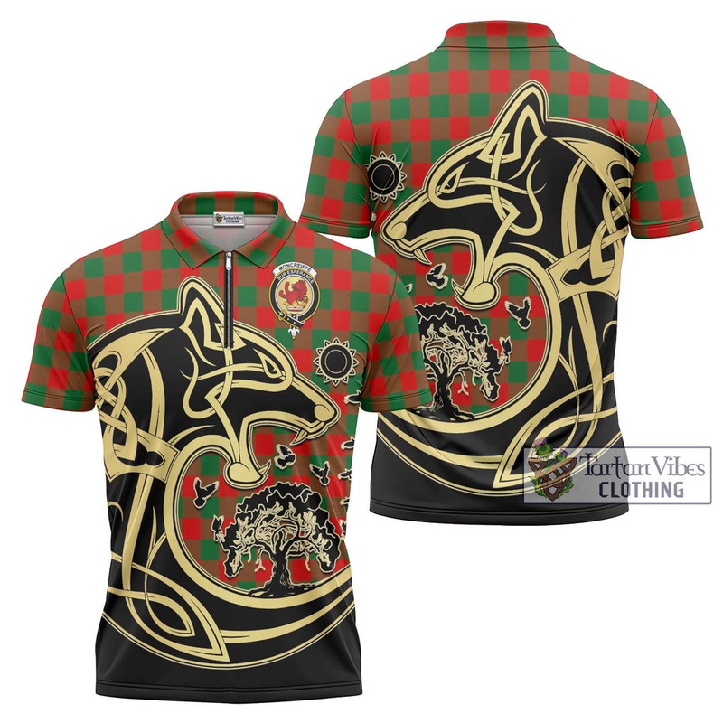 Moncreiffe Modern Tartan Zipper Polo Shirt with Family Crest Celtic Wolf Style
