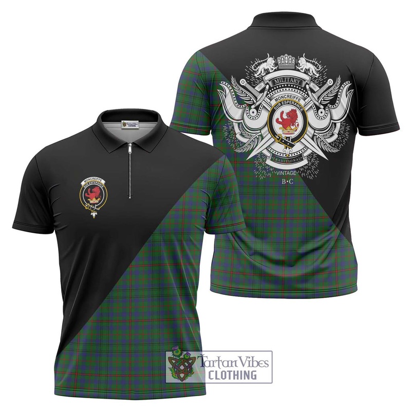 Moncreiffe of Atholl Tartan Zipper Polo Shirt with Family Crest and Military Logo Style