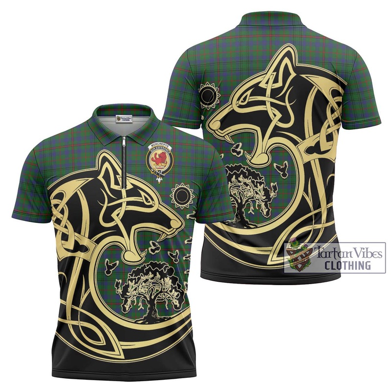 Moncreiffe of Atholl Tartan Zipper Polo Shirt with Family Crest Celtic Wolf Style