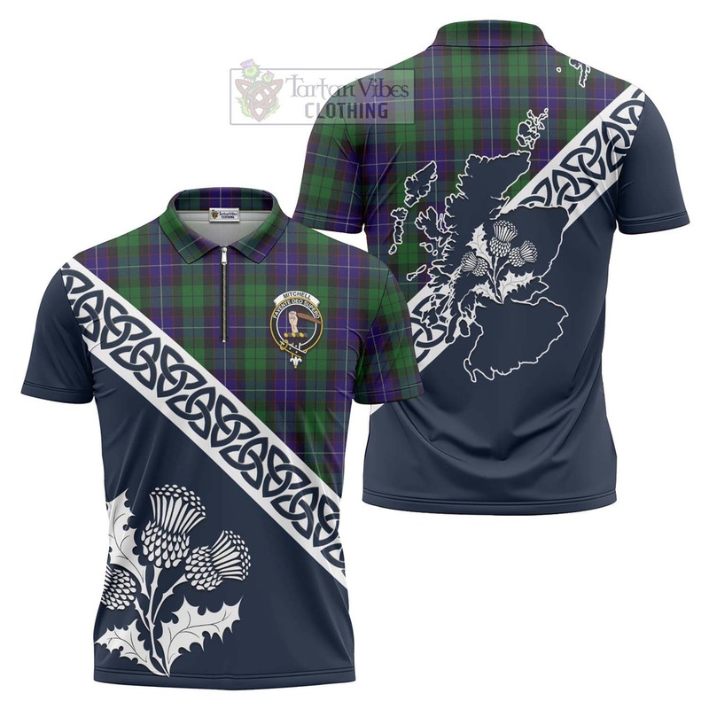 Mitchell Tartan Zipper Polo Shirt Featuring Thistle and Scotland Map