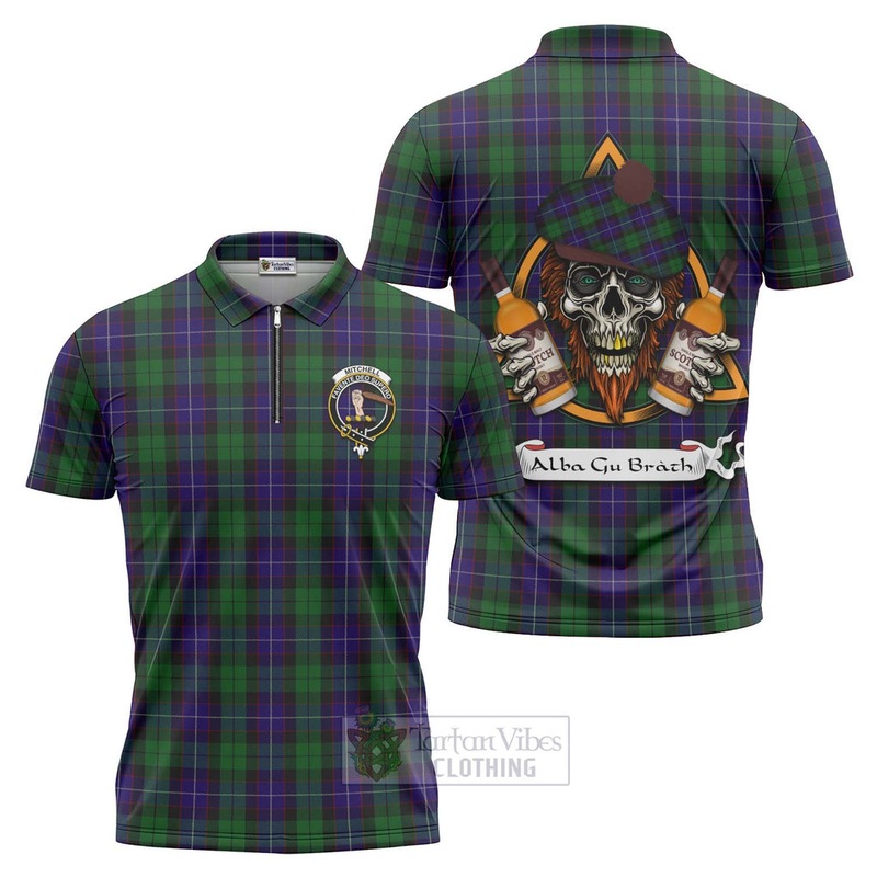 Mitchell Tartan Zipper Polo Shirt with Family Crest and Bearded Skull Holding Bottles of Whiskey