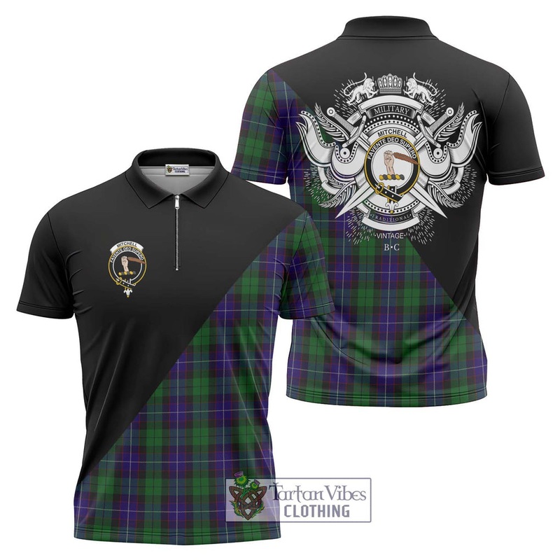 Mitchell Tartan Zipper Polo Shirt with Family Crest and Military Logo Style