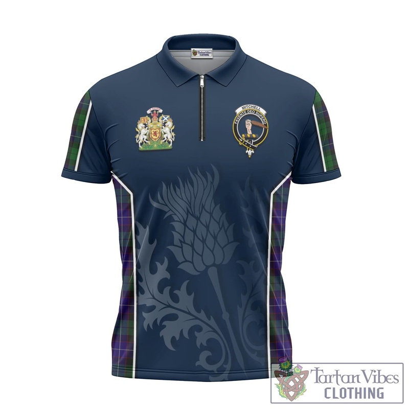 Mitchell Tartan Zipper Polo Shirt with Family Crest and Scottish Thistle Vibes Sport Style