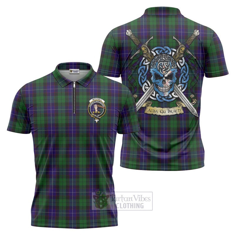 Mitchell Tartan Zipper Polo Shirt with Family Crest Celtic Skull Style