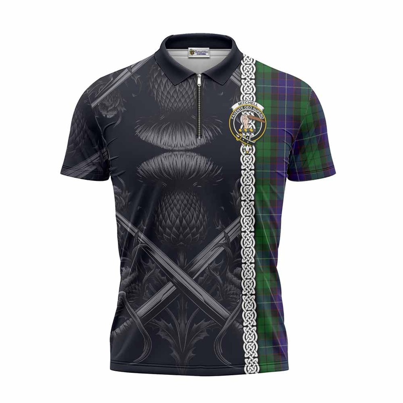 Mitchell Tartan Zipper Polo Shirt with Family Crest Cross Sword Thistle Celtic Vibes