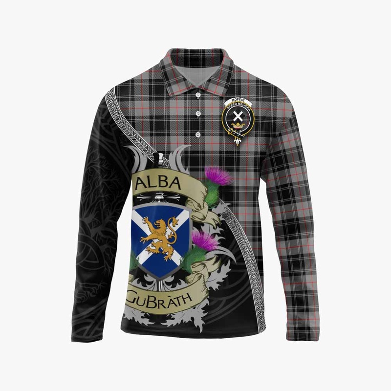 Moffat Tartan Family Crest Long Sleeve Polo Shirt Lion Rampant Royal Thistle Shield Celtic Inspired