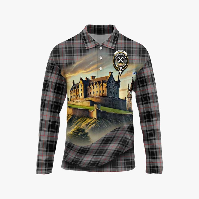 Moffat Tartan Family Crest Long Sleeve Polo Shirt with Scottish Ancient Castle Style