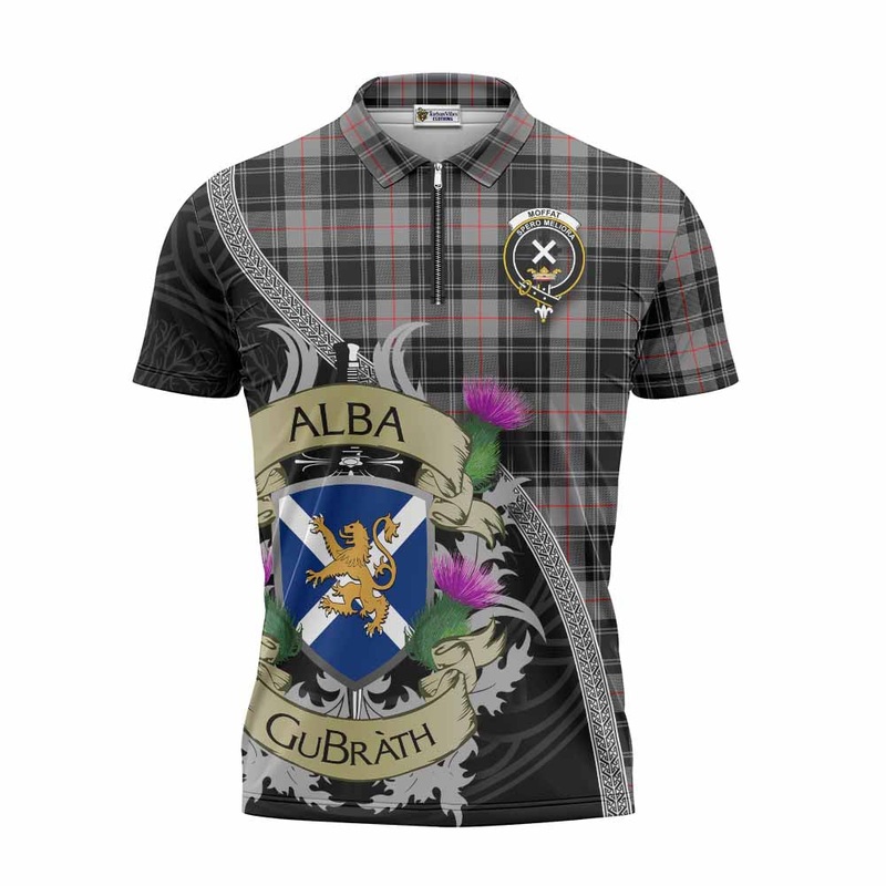 Moffat Tartan Family Crest Zipper Polo Shirt Lion Rampant Royal Thistle Shield Celtic Inspired
