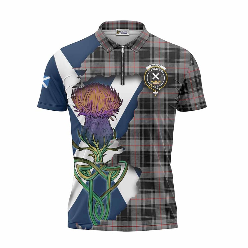 Moffat Tartan Family Crest Zipper Polo Shirt Scottish Thistle Celtic Inspired