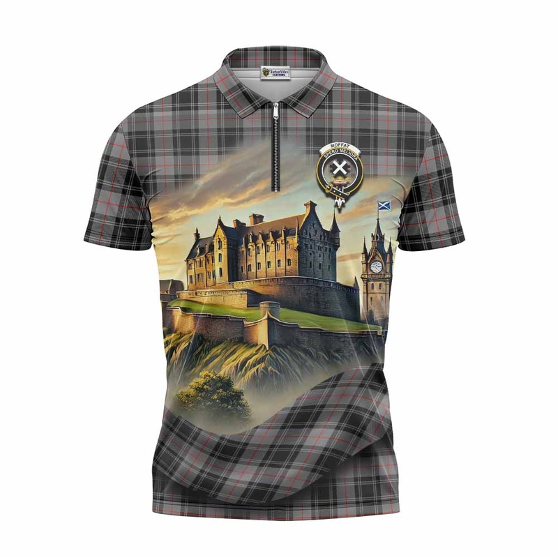 Moffat Tartan Family Crest Zipper Polo Shirt with Scottish Ancient Castle Style