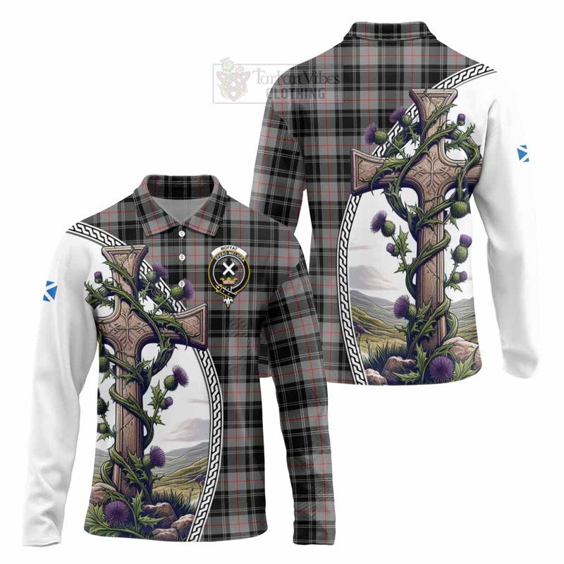 Moffat Tartan Long Sleeve Polo Shirt with Family Crest and St. Andrew's Cross Accented by Thistle Vines