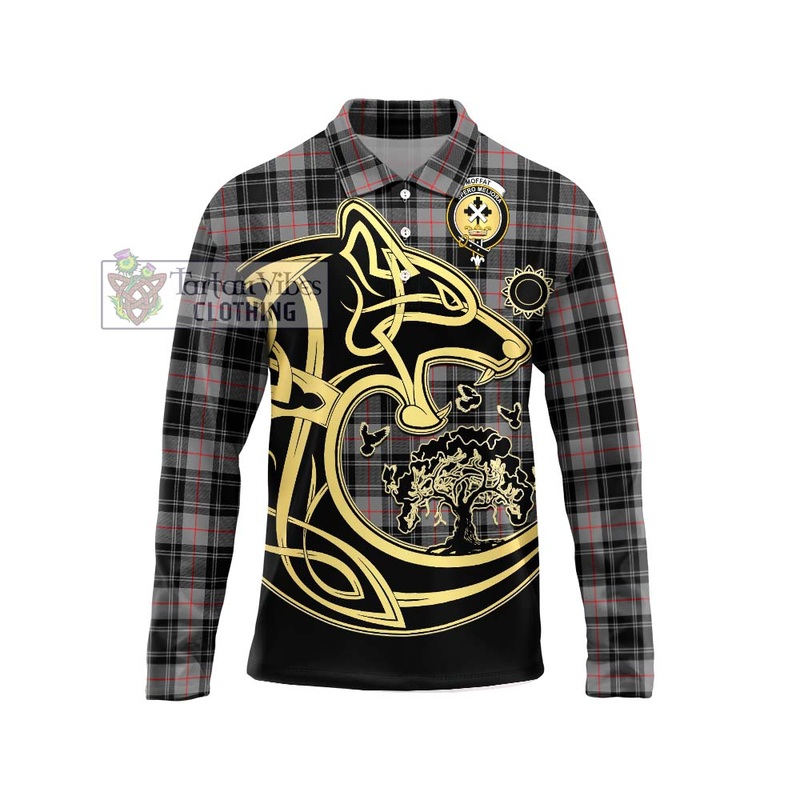 Moffat Tartan Long Sleeve Polo Shirt with Family Crest Celtic Wolf Style