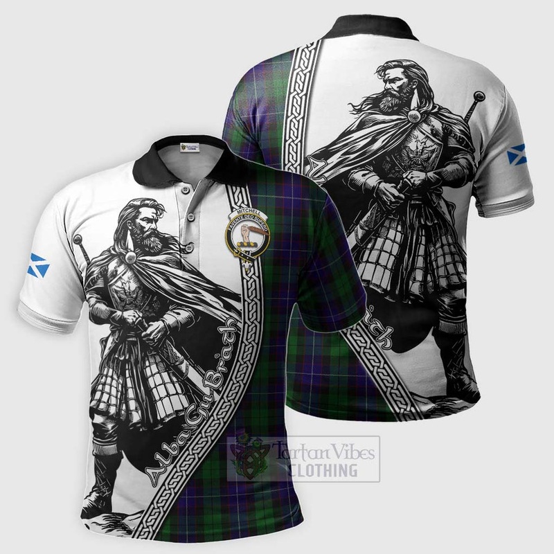 Mitchell Tartan Clan Crest Polo Shirt with Highlander Warrior Celtic Style