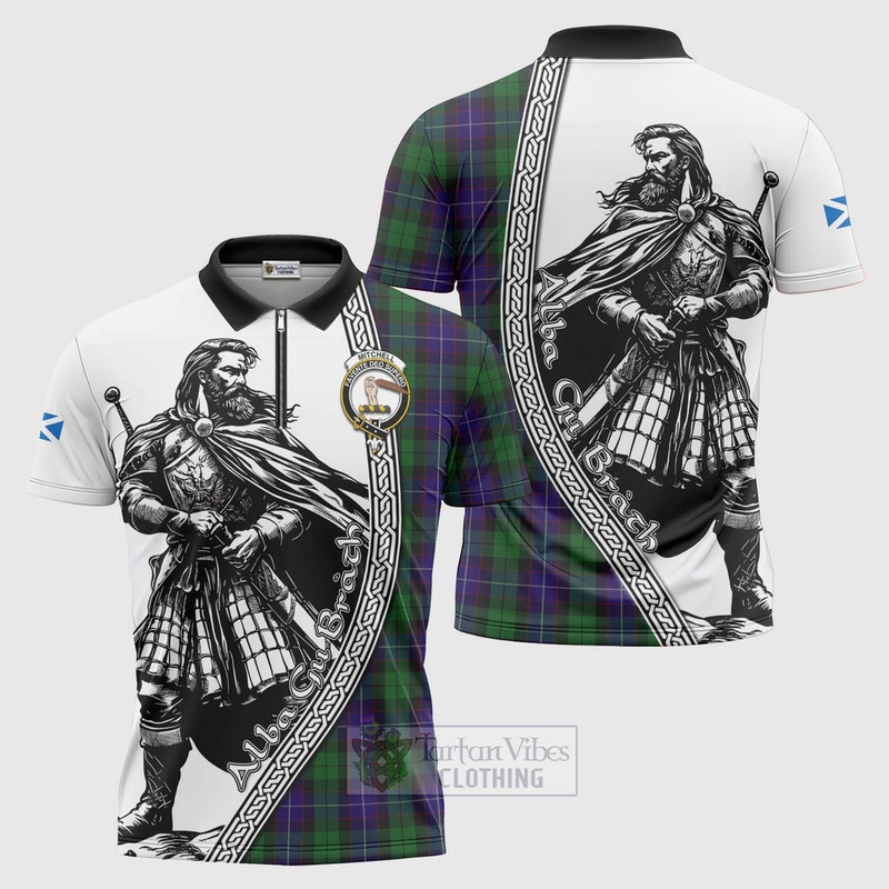 Mitchell Tartan Clan Crest Zipper Polo Shirt with Highlander Warrior Celtic Style