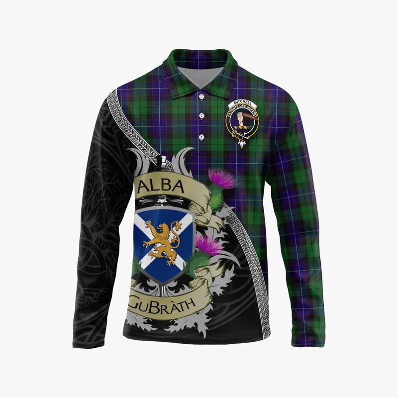 Mitchell Tartan Family Crest Long Sleeve Polo Shirt Lion Rampant Royal Thistle Shield Celtic Inspired