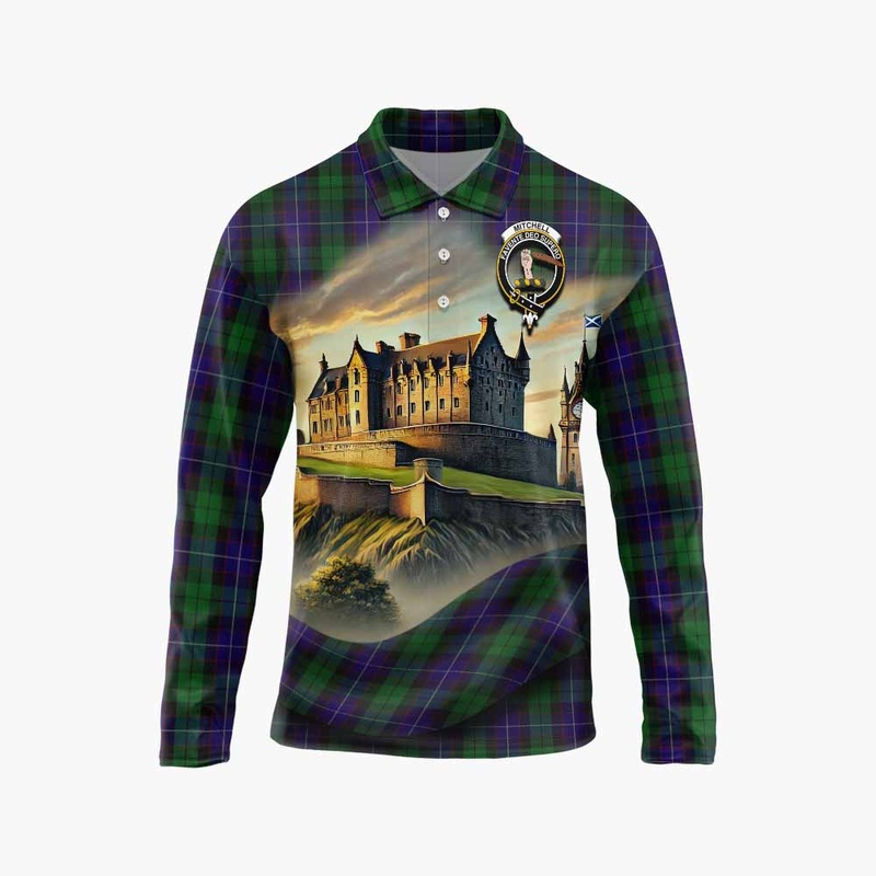 Mitchell Tartan Family Crest Long Sleeve Polo Shirt with Scottish Ancient Castle Style