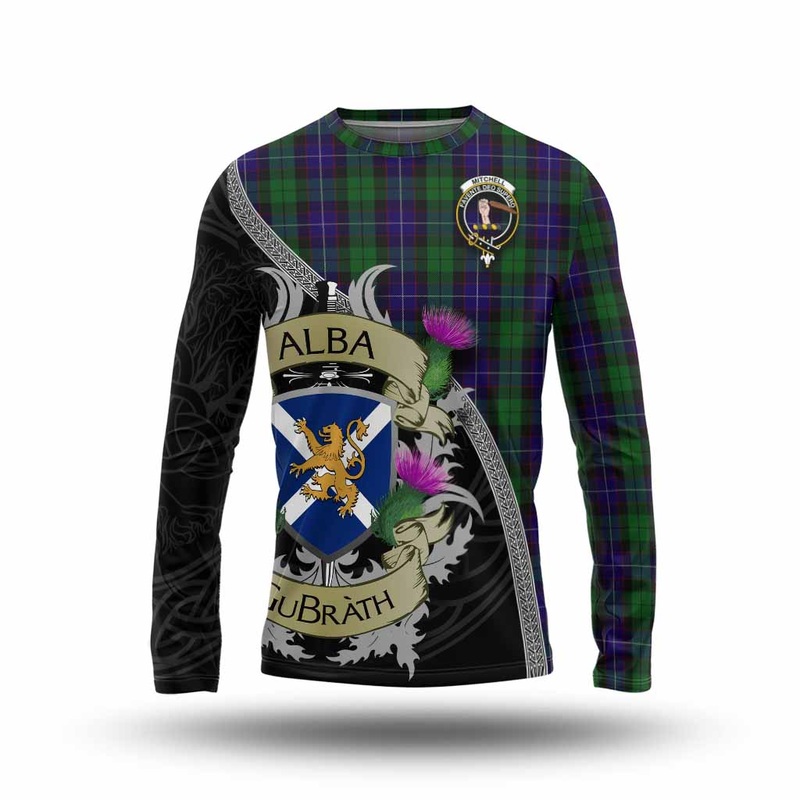 Mitchell Tartan Family Crest Long Sleeve T-Shirt Lion Rampant Royal Thistle Shield Celtic Inspired