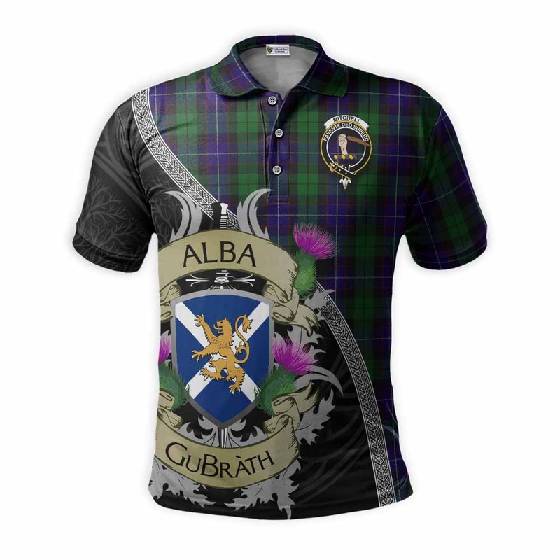 Mitchell Tartan Family Crest Polo Shirt Lion Rampant Royal Thistle Shield Celtic Inspired