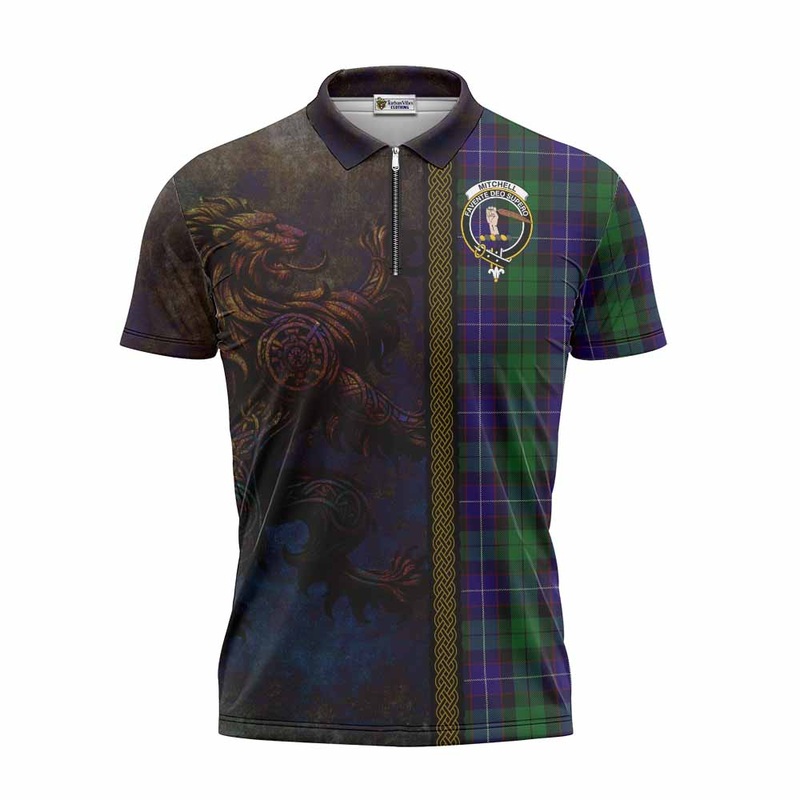 Mitchell Tartan Family Crest Zipper Polo Shirt Alba Gu Brath Be Brave Lion Ancient Style