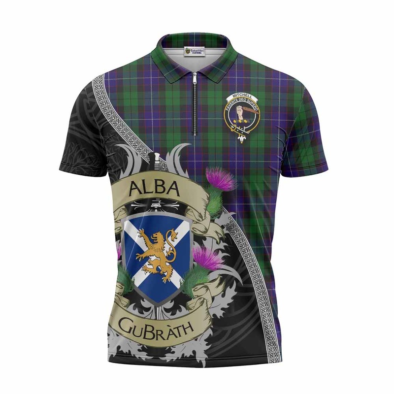 Mitchell Tartan Family Crest Zipper Polo Shirt Lion Rampant Royal Thistle Shield Celtic Inspired