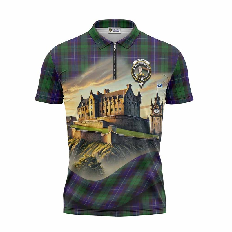 Mitchell Tartan Family Crest Zipper Polo Shirt with Scottish Ancient Castle Style